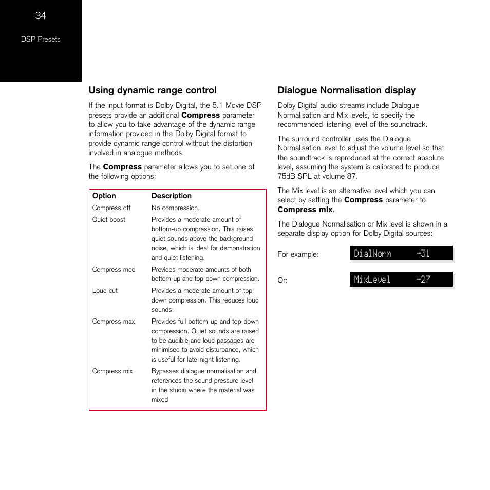 Using dynamic range control, Dialogue normalisation display | Meridian Audio 861 User Manual | Page 38 / 62