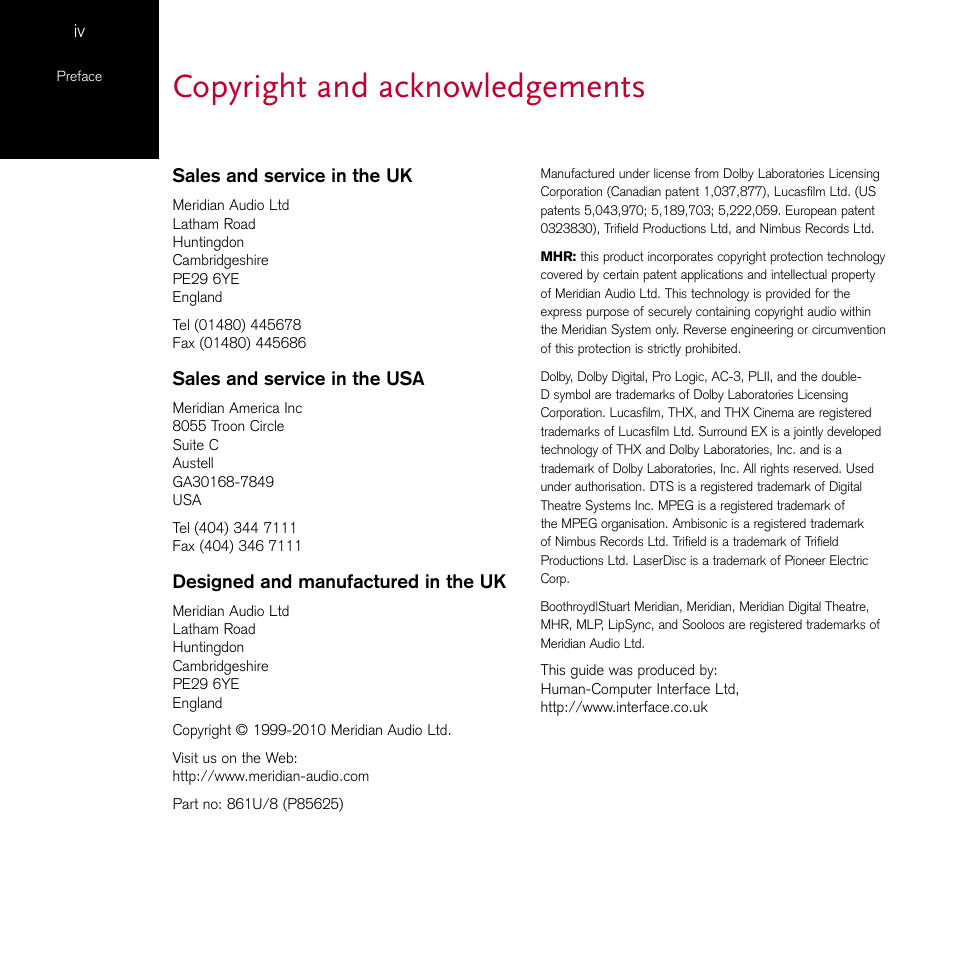 Copyright and acknowledgements | Meridian Audio 861 User Manual | Page 4 / 62