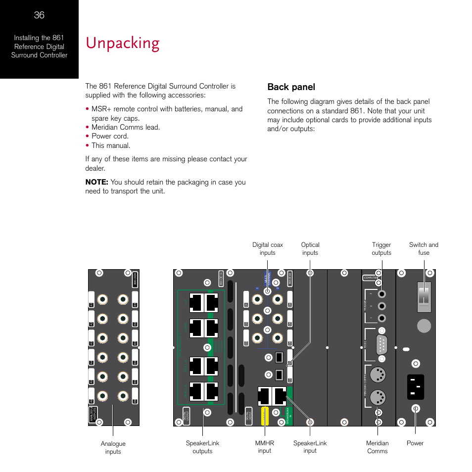 Unpacking, Back panel | Meridian Audio 861 User Manual | Page 40 / 62