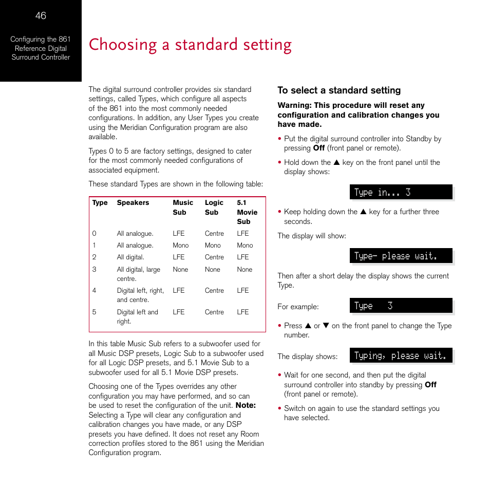 Choosing a standard setting, Type in, Type- please wait | Type 3, Typing, please wait | Meridian Audio 861 User Manual | Page 50 / 62