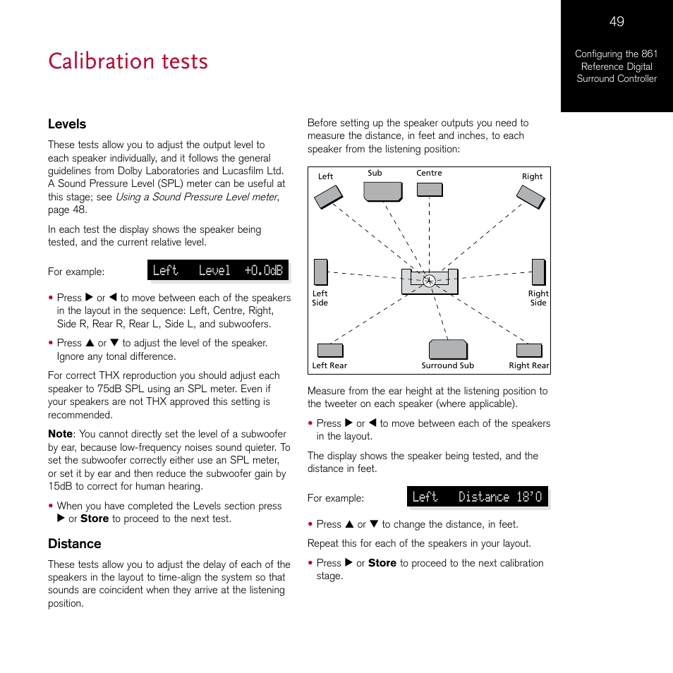 Calibration tests, Levels, Distance | Meridian Audio 861 User Manual | Page 53 / 62