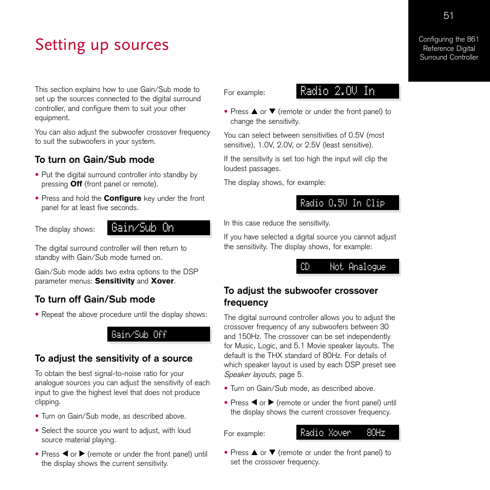 Setting up sources, Gain/sub on, Radio 2.0v in | Meridian Audio 861 User Manual | Page 55 / 62