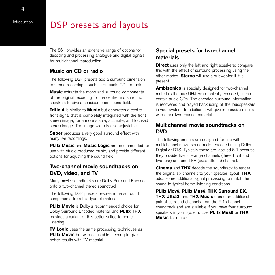 Dsp presets and layouts | Meridian Audio 861 User Manual | Page 8 / 62