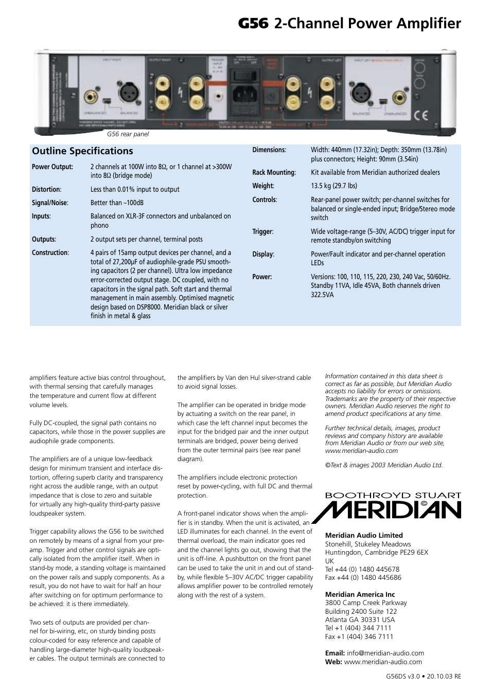 G56 2-channel power amplifier, Outline specifications | Meridian Audio G56 User Manual | Page 2 / 2