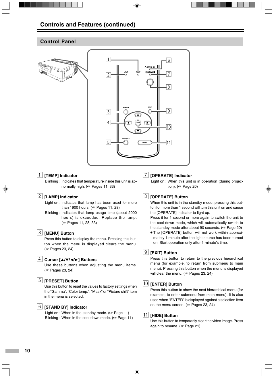 Control panel, Controls and features (continued) | Meridian Audio D-ILA 1080MF2 User Manual | Page 10 / 40