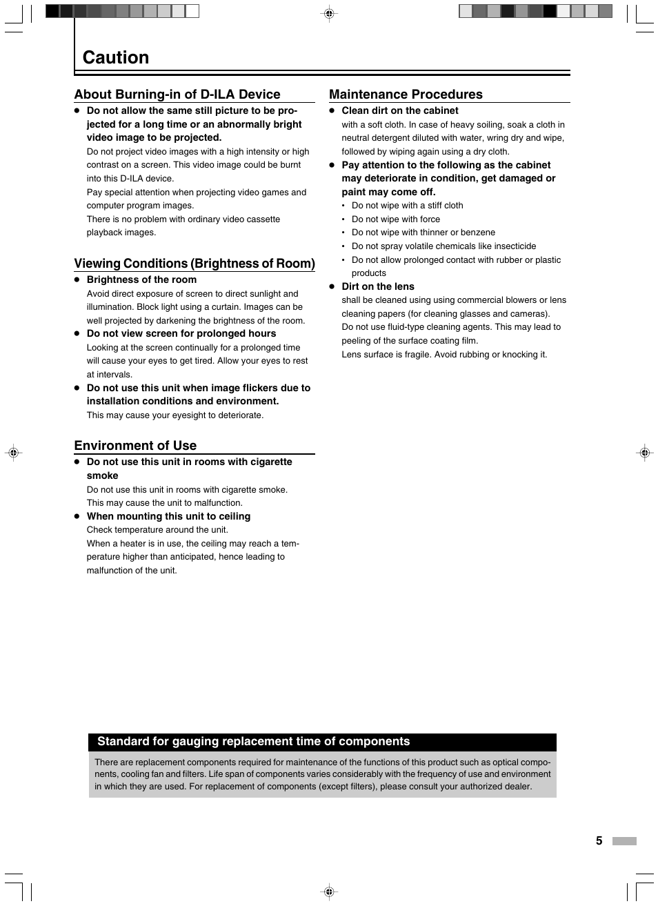 Caution, Maintenance procedures, About burning-in of d-ila device | Viewing conditions (brightness of room), Environment of use | Meridian Audio D-ILA 1080MF2 User Manual | Page 5 / 40