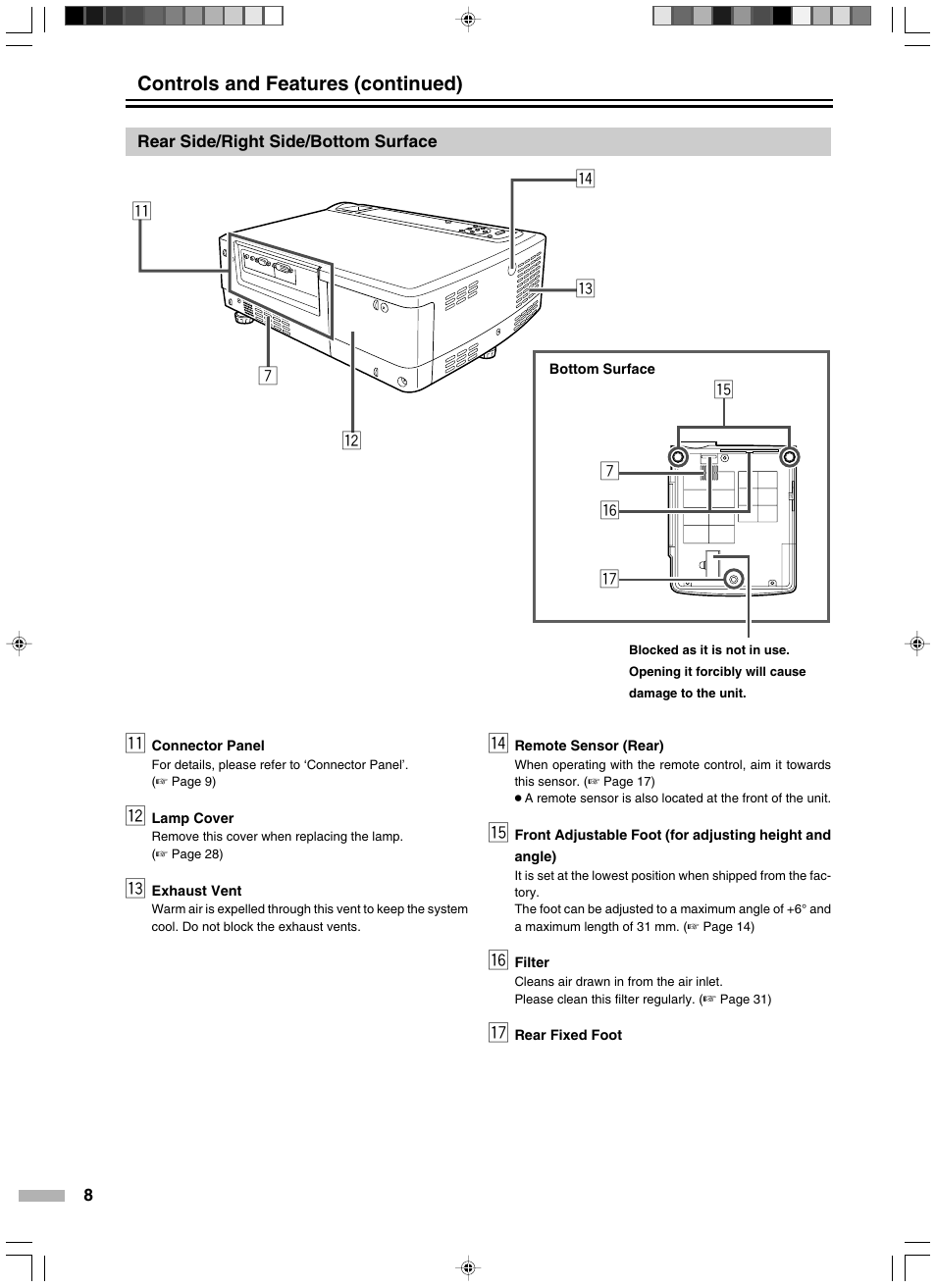 Rear side/right side/bottom surface, Qw r e 7 y 7 t u, Controls and features (continued) | Meridian Audio D-ILA 1080MF2 User Manual | Page 8 / 40