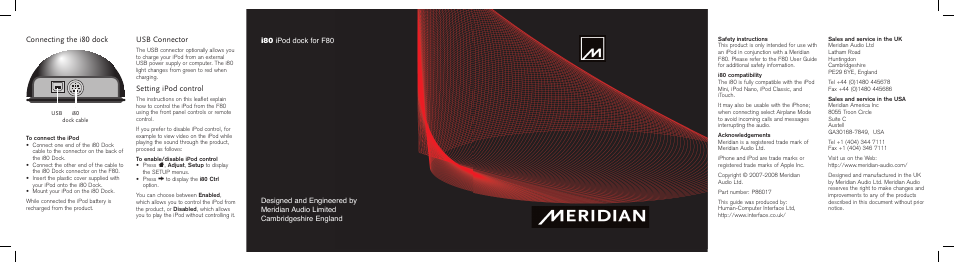 Connecting the i80 dock, Usb connector, Setting ipod control | Meridian Audio P86017 User Manual | Page 2 / 2