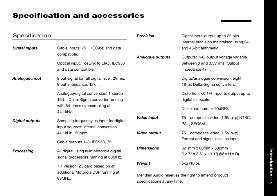 Specification and accessories, Specification | Meridian Audio 565 User Manual | Page 11 / 58