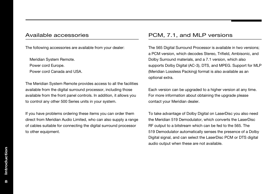 Accessories, Available accessories, Pcm, 7.1, and mlp versions | Meridian Audio 565 User Manual | Page 12 / 58