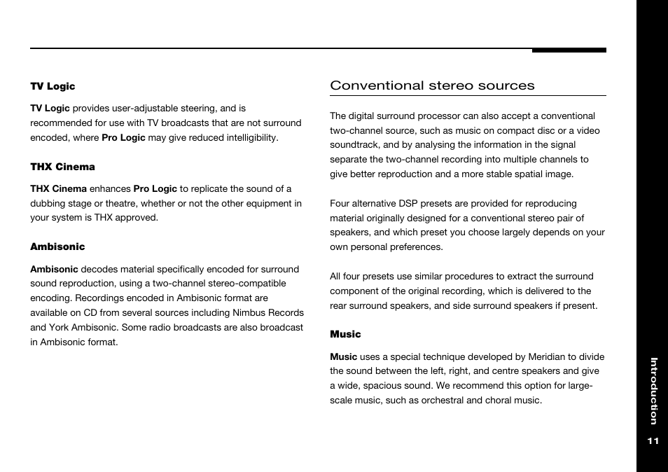 Ambisonic dsp preset, Ambisonic, Music | Thx cinema, Tv logic, Music dsp preset, Thx cinema dsp preset, Conventional stereo sources | Meridian Audio 565 User Manual | Page 15 / 58