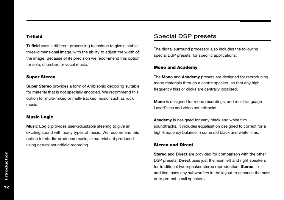 Academy dsp preset, Direct dsp preset, Academy | Direct, Mono, Music logic, Stereo, Super stereo, Trifield, Mono dsp preset | Meridian Audio 565 User Manual | Page 16 / 58