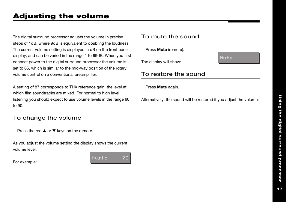 Adjusting the volume, Muting the sound, Restoring the sound | Adjusting, Muting | Meridian Audio 565 User Manual | Page 21 / 58