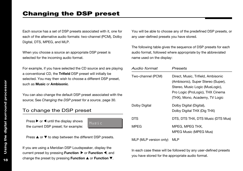 Changing the dsp preset, Audio formats | Meridian Audio 565 User Manual | Page 22 / 58