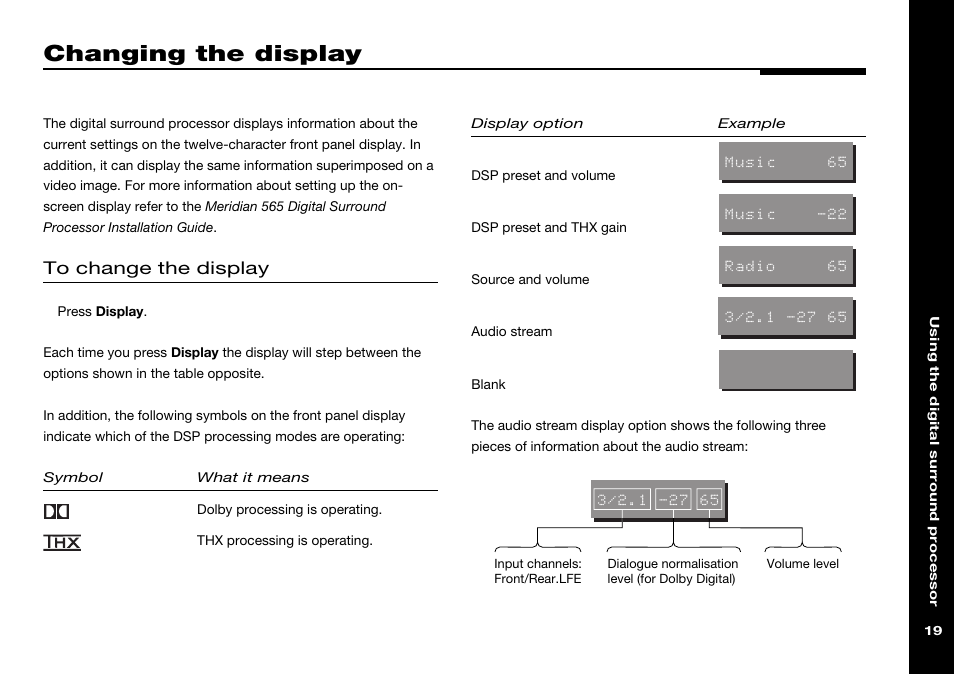 Changing the display, Changing, Options | Dolby indicator, Display symbols, On-screen display (osd), Indicator | Meridian Audio 565 User Manual | Page 23 / 58