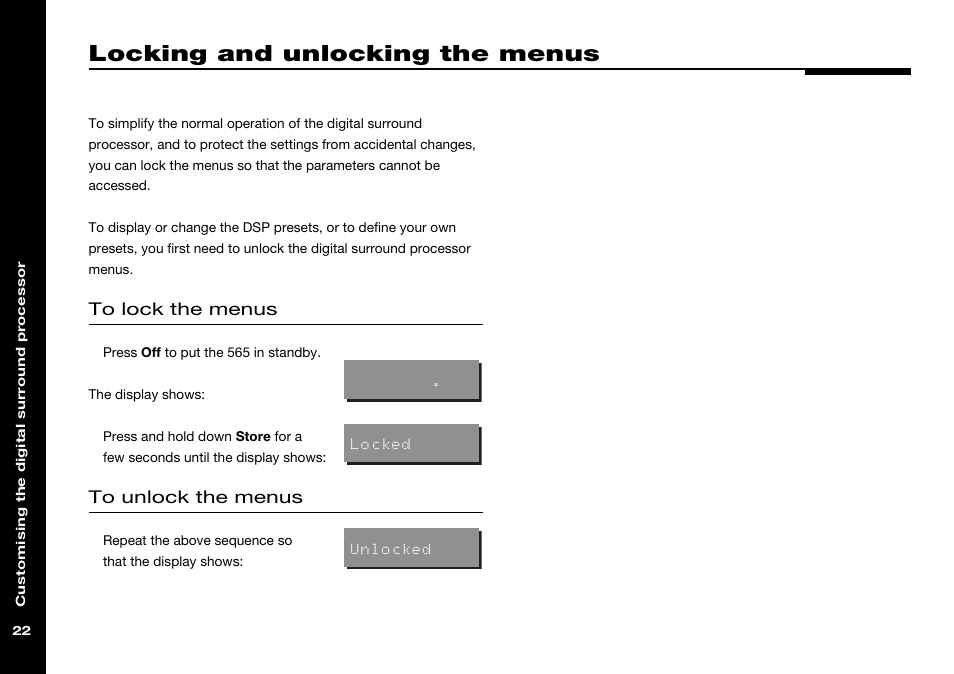 Locking and unlocking the menus, Locking the menus, Menus, locking and unlocking | Unlocking the menus | Meridian Audio 565 User Manual | Page 26 / 58