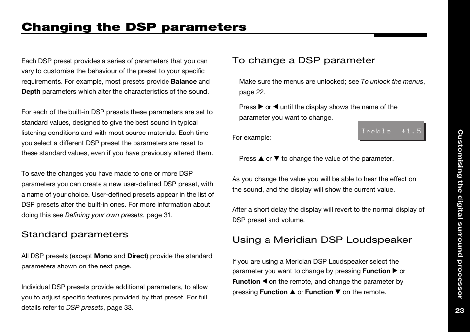 Changing the dsp parameters, Balance, Changing | Depth, Standard dsp parameters, Standard parameters, Using a meridian dsp loudspeaker | Meridian Audio 565 User Manual | Page 27 / 58