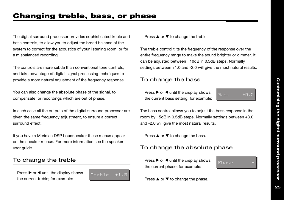 Changing treble, bass, or phase, Bass, changing, Phase, changing | Treble, changing | Meridian Audio 565 User Manual | Page 29 / 58