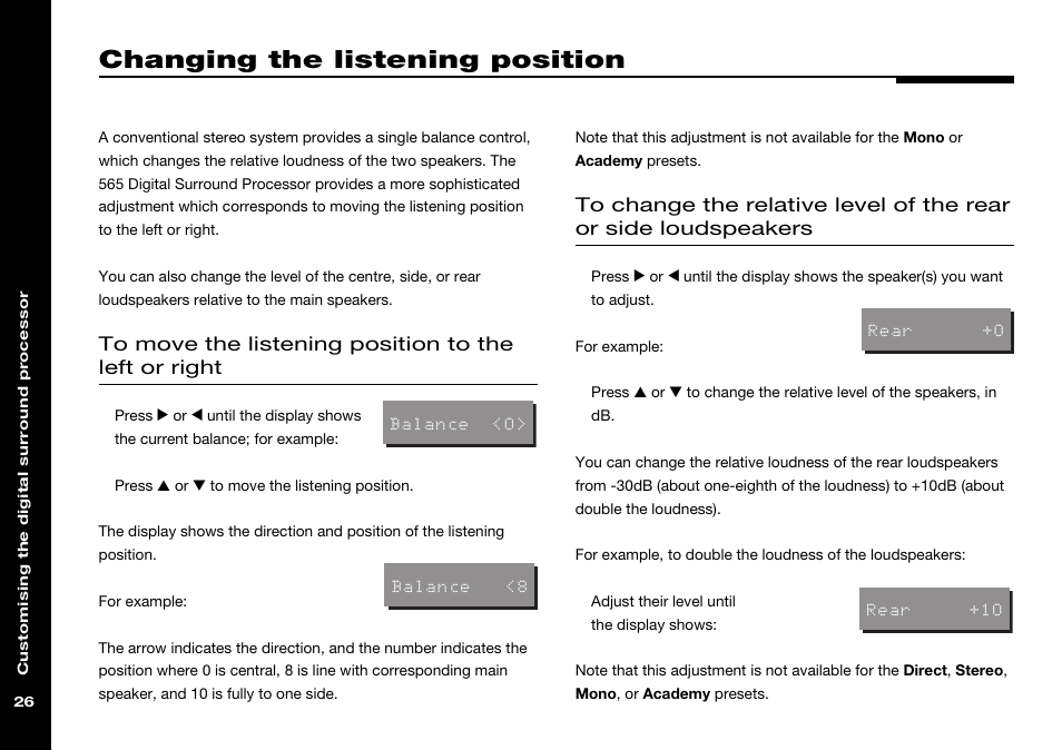Changing the listening position, Listening position, moving to the left or right, Changing the relative level | Meridian Audio 565 User Manual | Page 30 / 58
