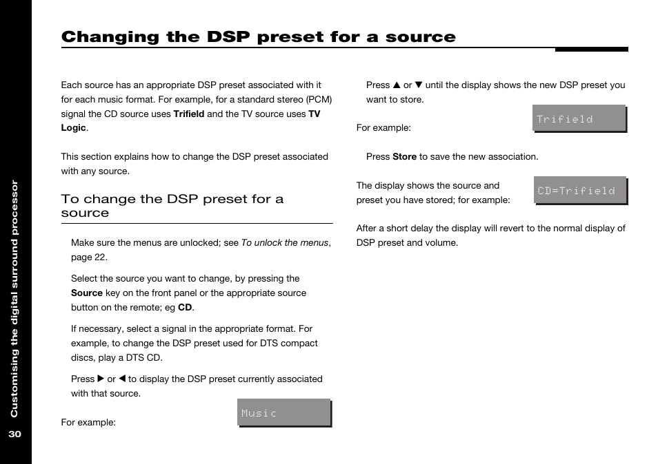 Changing the dsp preset for a source, Changing, Source association | Changing dsp preset associated with | Meridian Audio 565 User Manual | Page 34 / 58