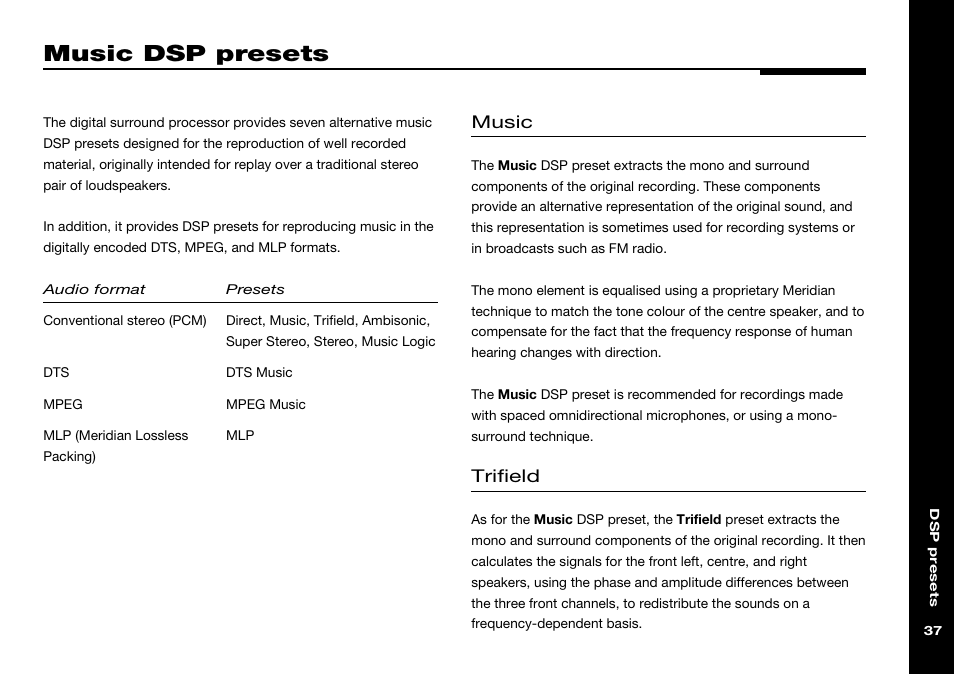 Music dsp presets, Music, Trifield | Meridian Audio 565 User Manual | Page 41 / 58