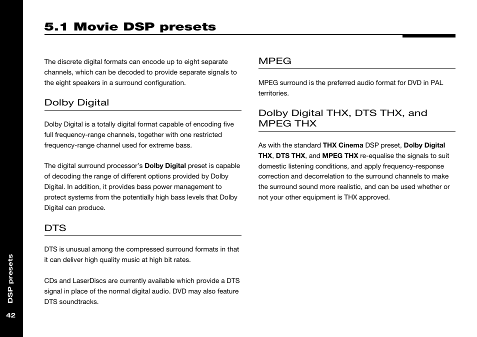 1 movie dsp presets, Dolby digital thx dsp preset, Mpeg dsp preset | Meridian Audio 565 User Manual | Page 46 / 58