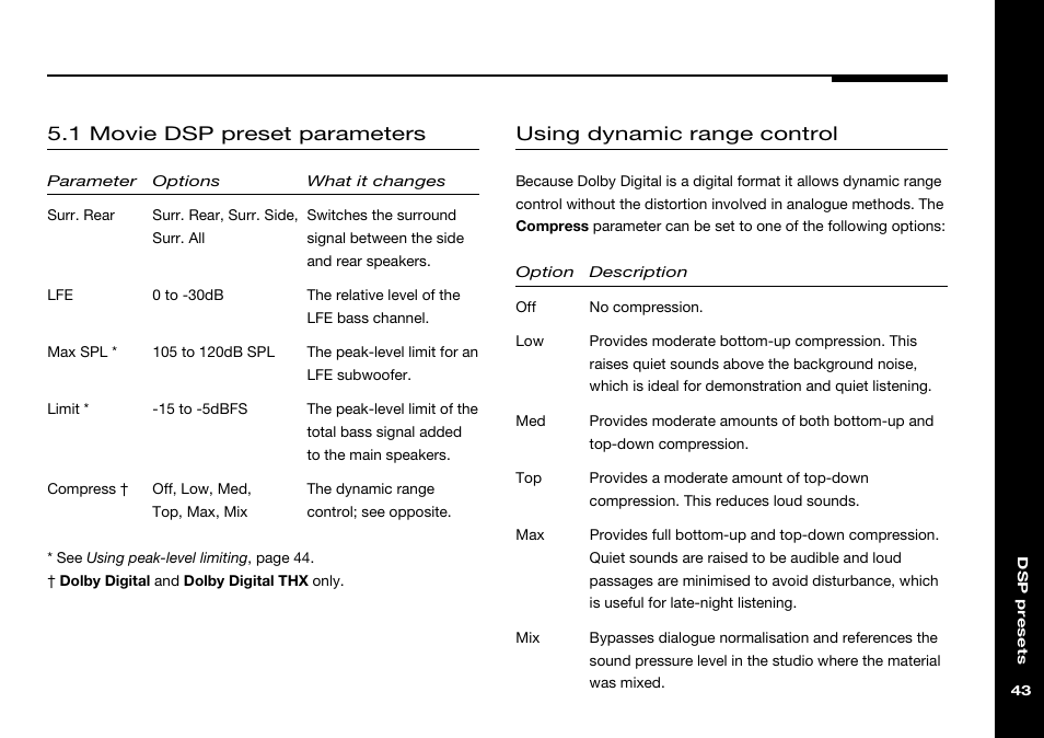 Compress (dps parameter), Compression, Dynamic range control | Compress, Limit, Max spl, Surr. rear, Lfe (dps parameter), Limit (dps parameter), Max spl (dps parameter) | Meridian Audio 565 User Manual | Page 47 / 58