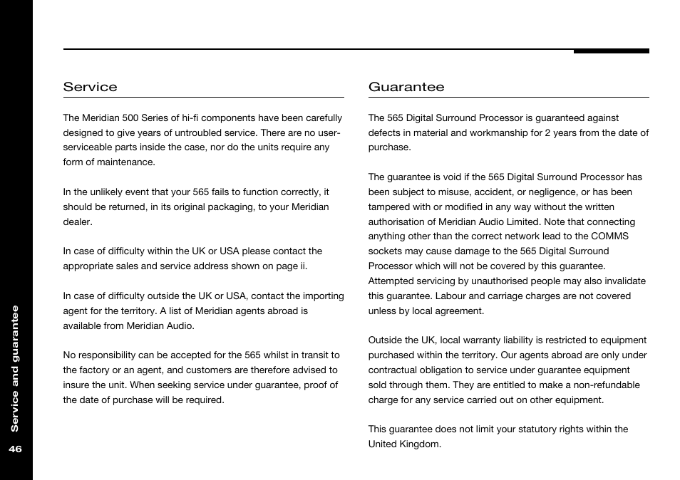 Service, Guarantee | Meridian Audio 565 User Manual | Page 50 / 58