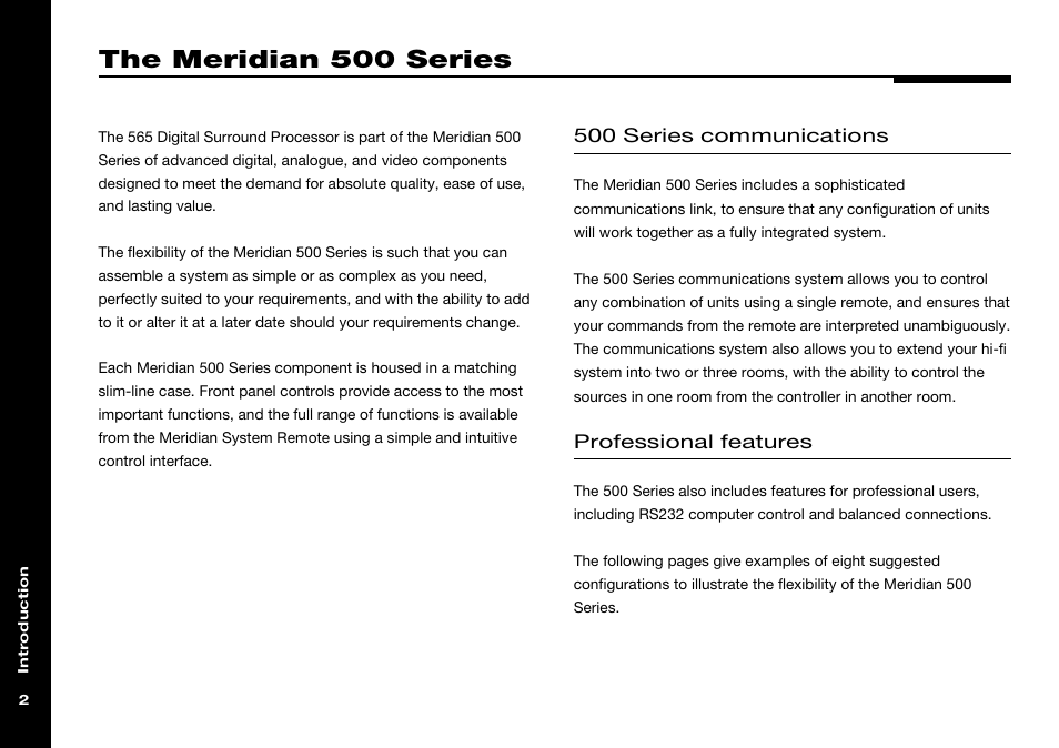 The meridian 500 series, Meridian 500 series, Communications | 500 series communications, Professional features | Meridian Audio 565 User Manual | Page 6 / 58