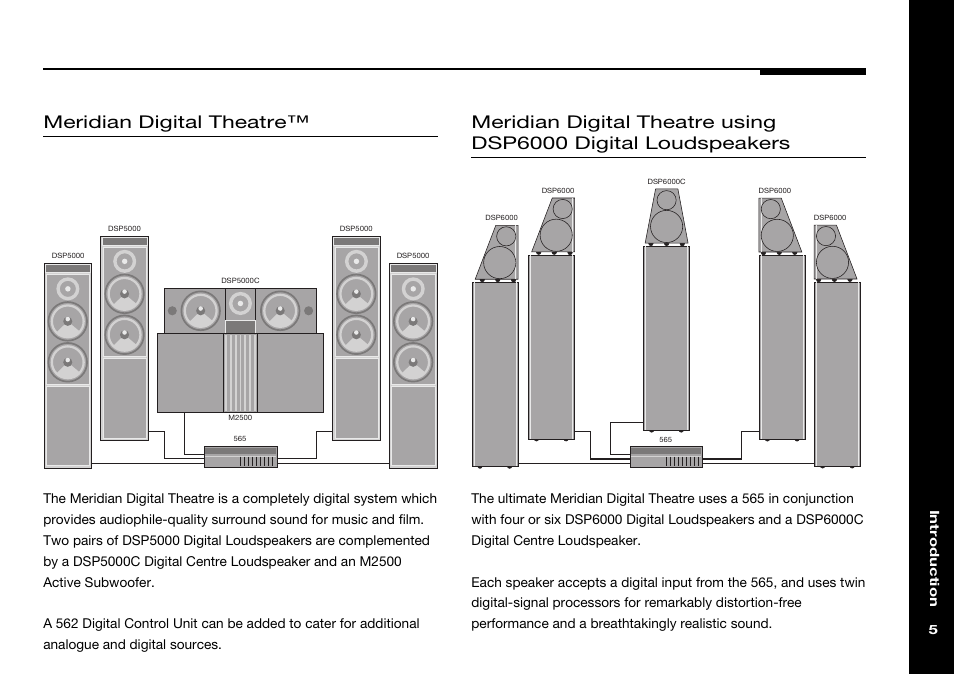 562 digital control unit, Dsp5000 digital loudspeakers, Dsp5000c digital centre loudspeaker | Dsp6000 digital loudspeakers, Dsp6000c digital centre loudspeaker, M2500 active subwoofer, Meridian digital theatre, Meridian digital theatre using dsp6000 loudspeaker | Meridian Audio 565 User Manual | Page 9 / 58