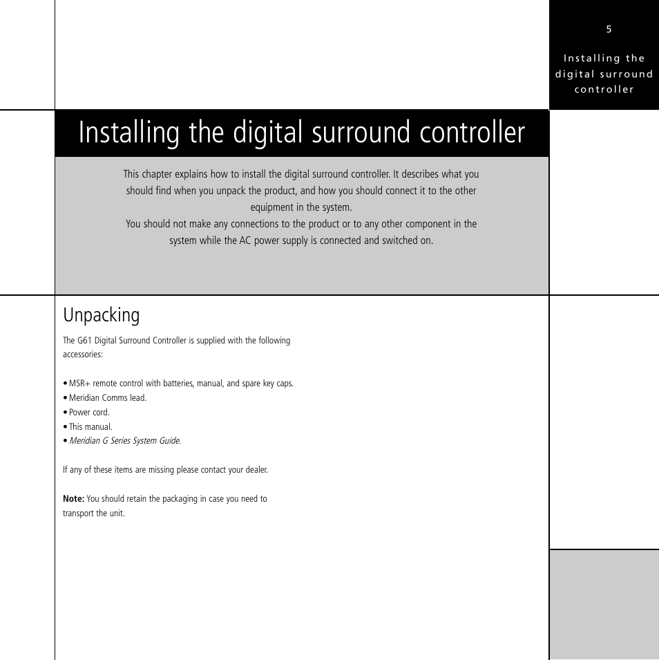 Installing the digital surround controller, Unpacking, Accessories | Installing the digital surround controller 5, Unpacking 5 | Meridian Audio Digital Surround Controller G61 User Manual | Page 10 / 59