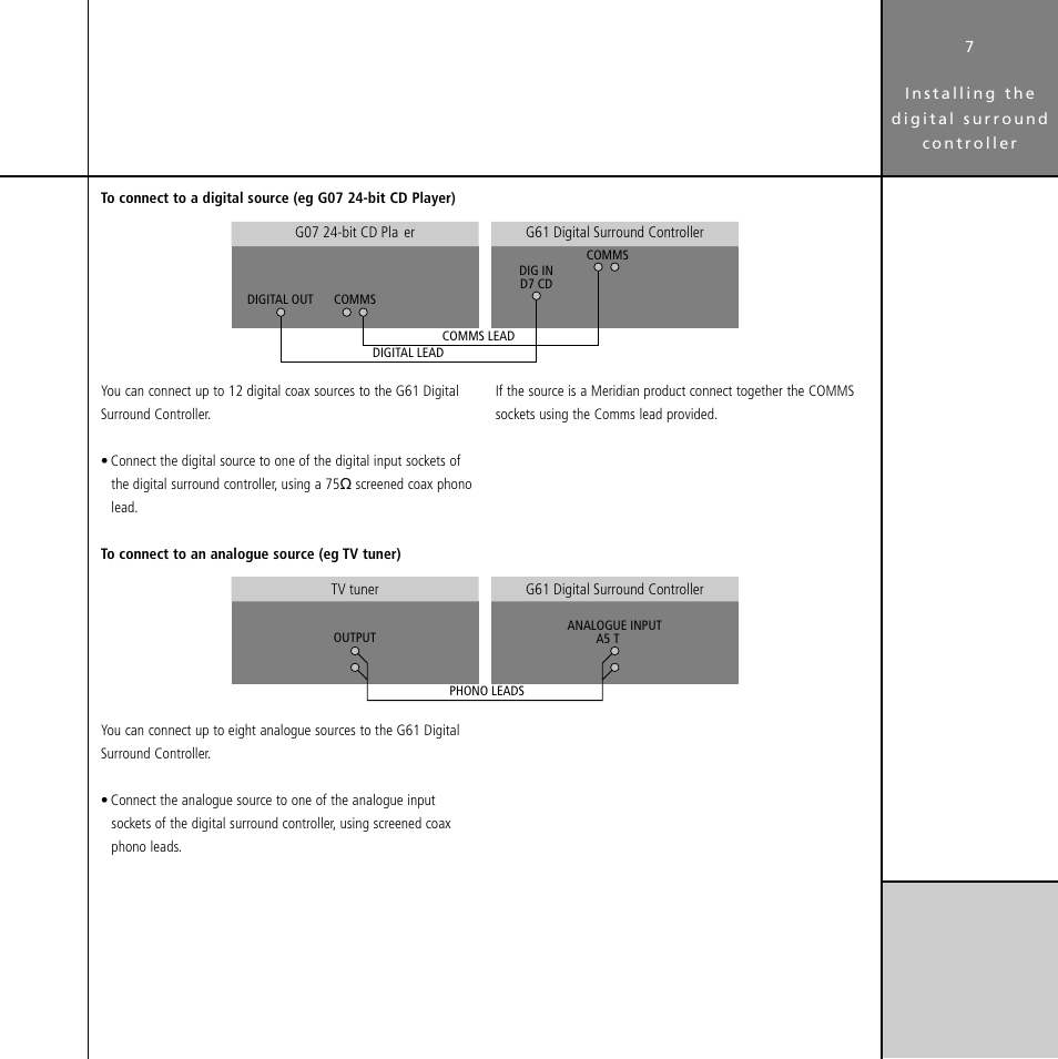Analogue source, connecting, Digital source, connecting | Meridian Audio Digital Surround Controller G61 User Manual | Page 12 / 59