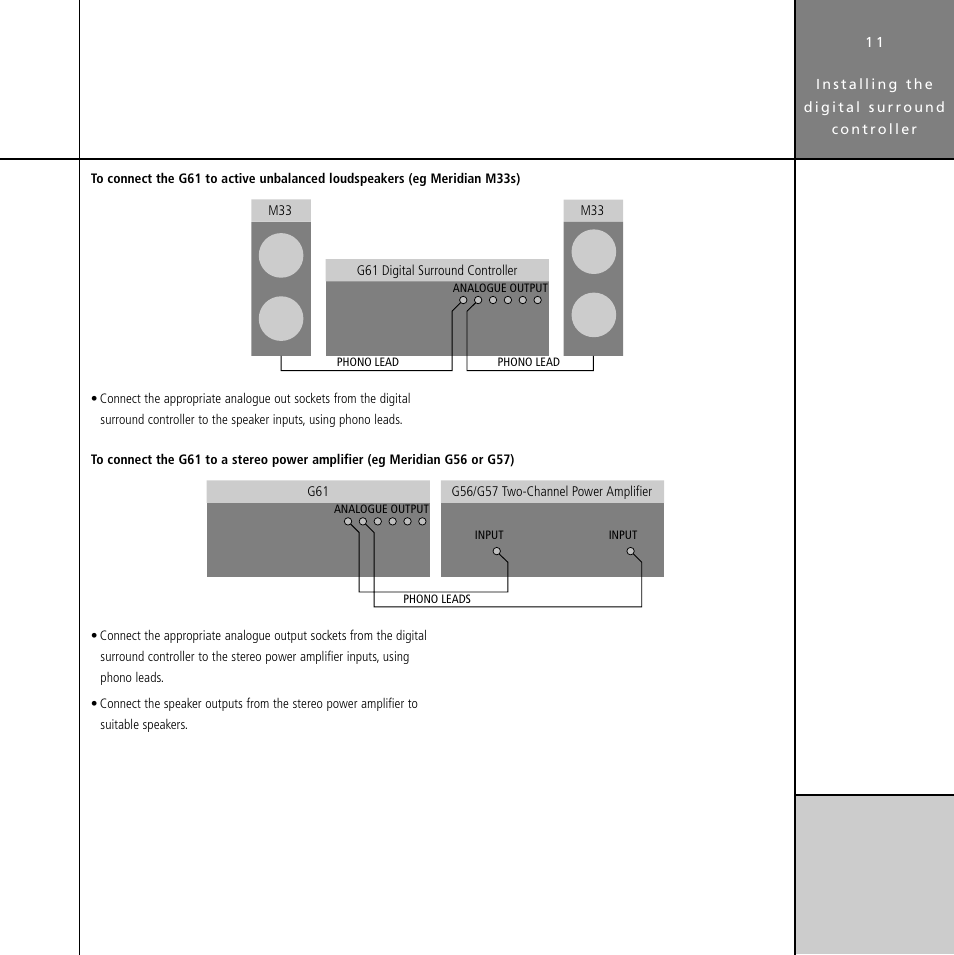 Active loudspeakers, connecting to, Stereo power amplifier, connecting to | Meridian Audio Digital Surround Controller G61 User Manual | Page 16 / 59