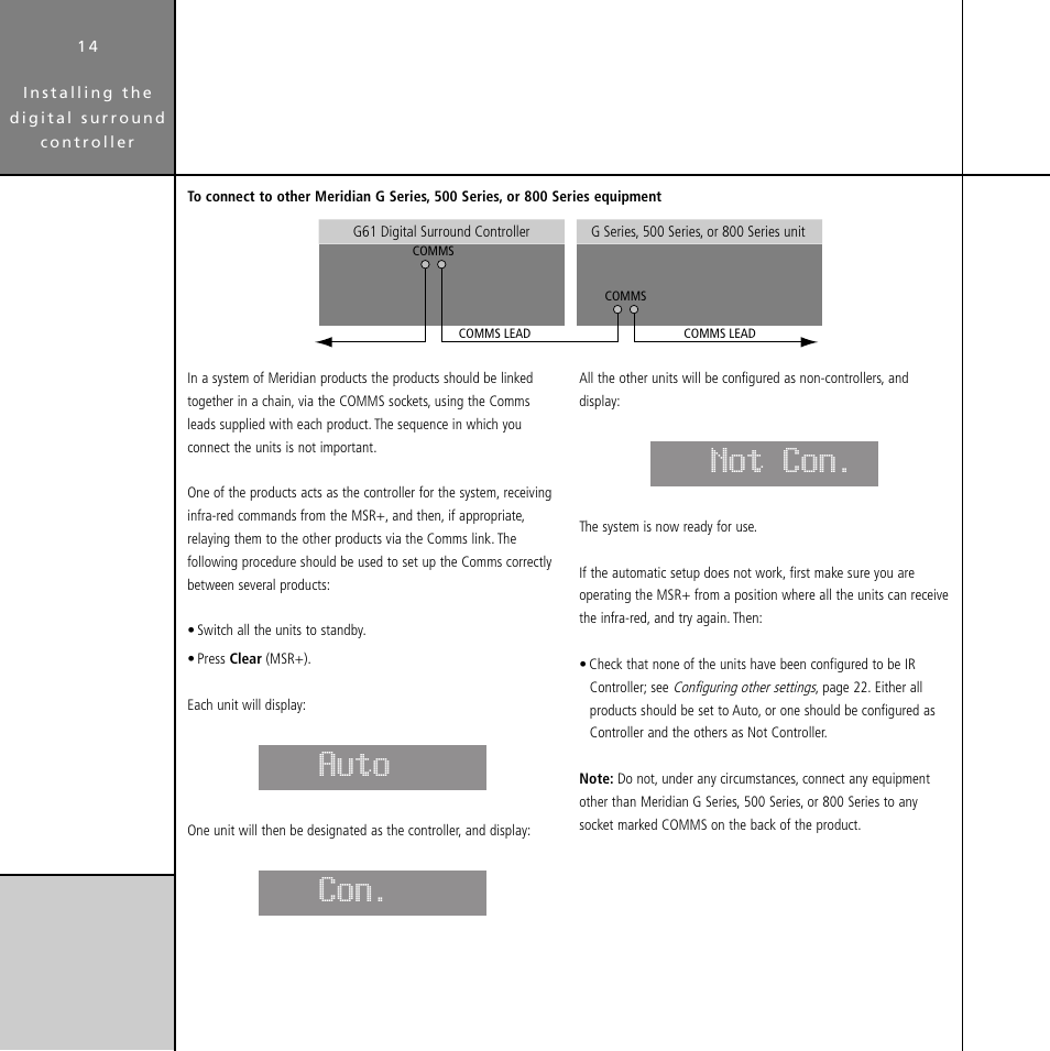 Automatic setup, Comms, connecting, Controller, settings | Auto, Not con | Meridian Audio Digital Surround Controller G61 User Manual | Page 19 / 59