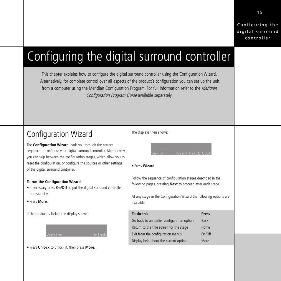 Configuring the digital surround controller, Configuration wizard, Configuring the digital surround controller 15 | Meridian Audio Digital Surround Controller G61 User Manual | Page 20 / 59