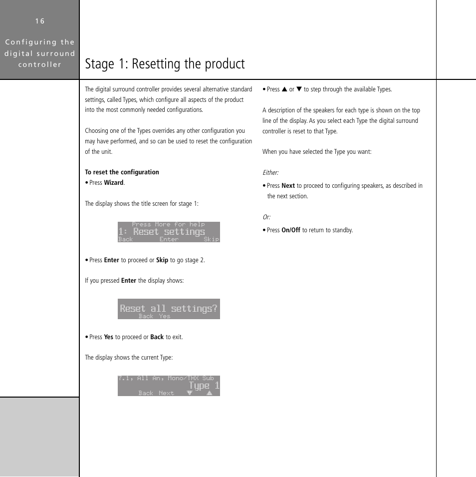 Stage 1: resetting the product, Configuration, resetting, Reset settings | Reset all settings, Type 1 | Meridian Audio Digital Surround Controller G61 User Manual | Page 21 / 59