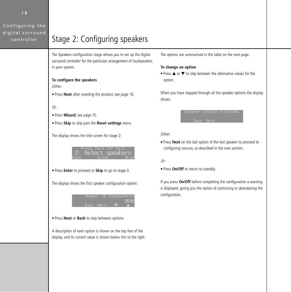 Stage 2: configuring speakers, Configuring, Select speakers | Meridian Audio Digital Surround Controller G61 User Manual | Page 23 / 59