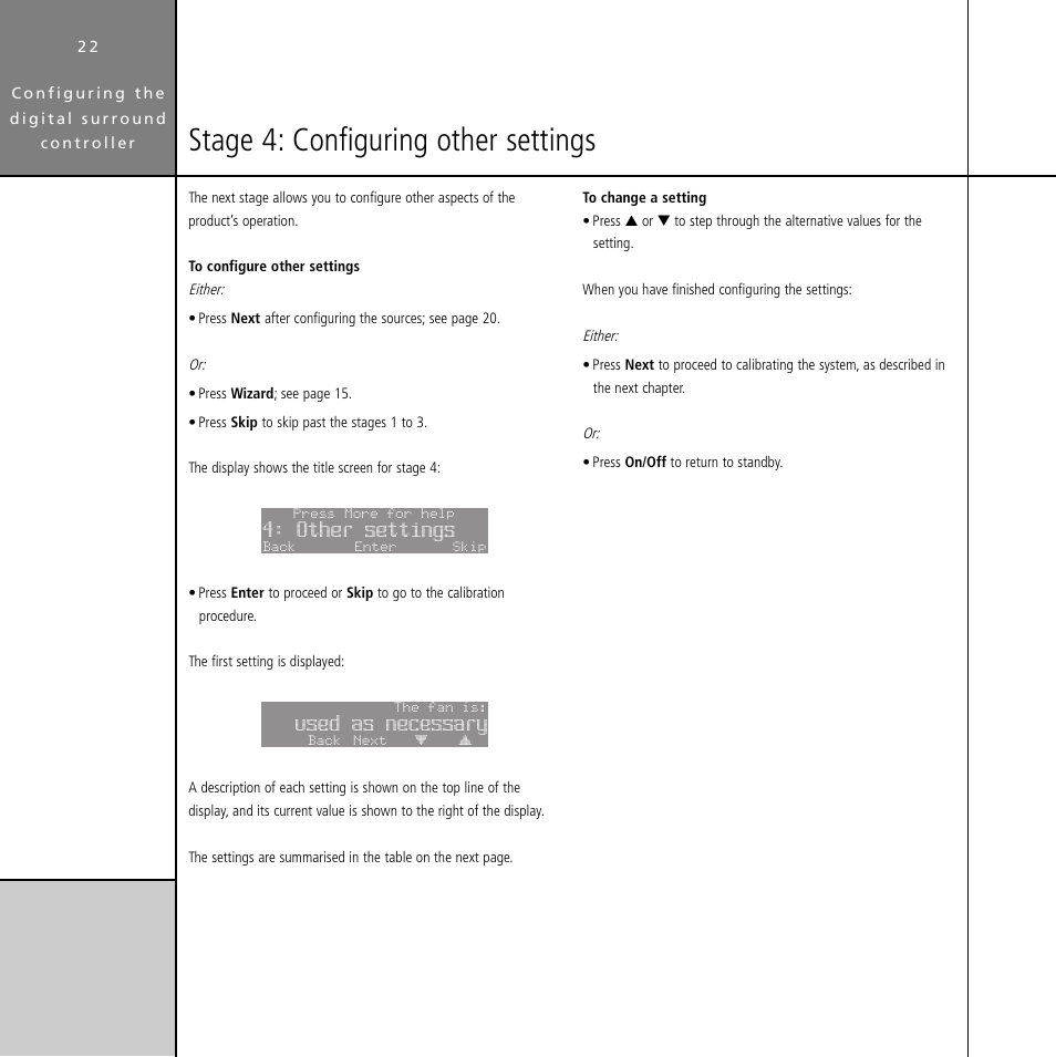 Stage 4: configuring other settings, Settings, Configuring | Other settings, Used as necessary | Meridian Audio Digital Surround Controller G61 User Manual | Page 27 / 59