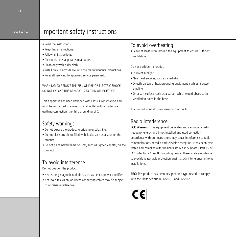 Safety warnings, Important safety instructions, Radio interference | Meridian Audio Digital Surround Controller G61 User Manual | Page 3 / 59