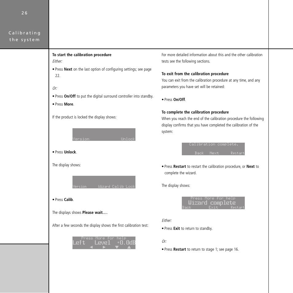 Moving between tests, Starting, Left level +0.0db | Wizard complete | Meridian Audio Digital Surround Controller G61 User Manual | Page 31 / 59