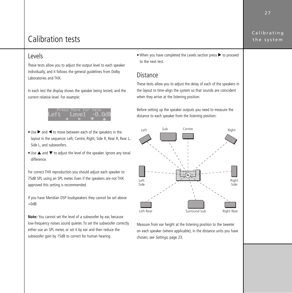 Calibration tests, Tests, Distance | Levels, Left level +0.0db | Meridian Audio Digital Surround Controller G61 User Manual | Page 32 / 59