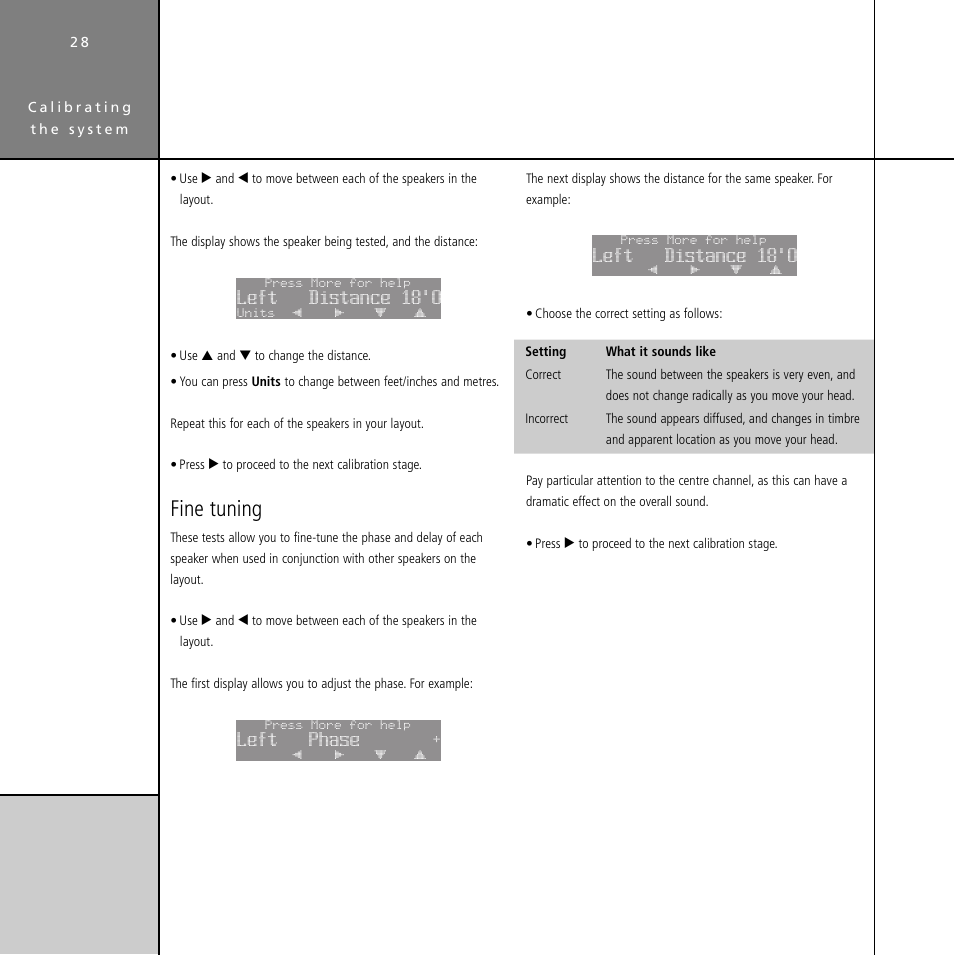 Fine-tuning, Fine tuning, Left distance 18'0 | Left phase | Meridian Audio Digital Surround Controller G61 User Manual | Page 33 / 59