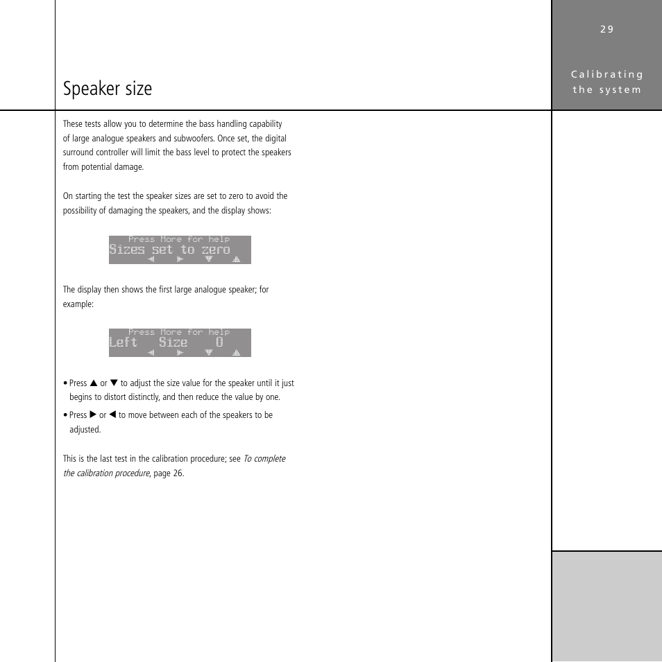 Speaker size, Setting up, Sizes set to zero | Left size 0 | Meridian Audio Digital Surround Controller G61 User Manual | Page 34 / 59