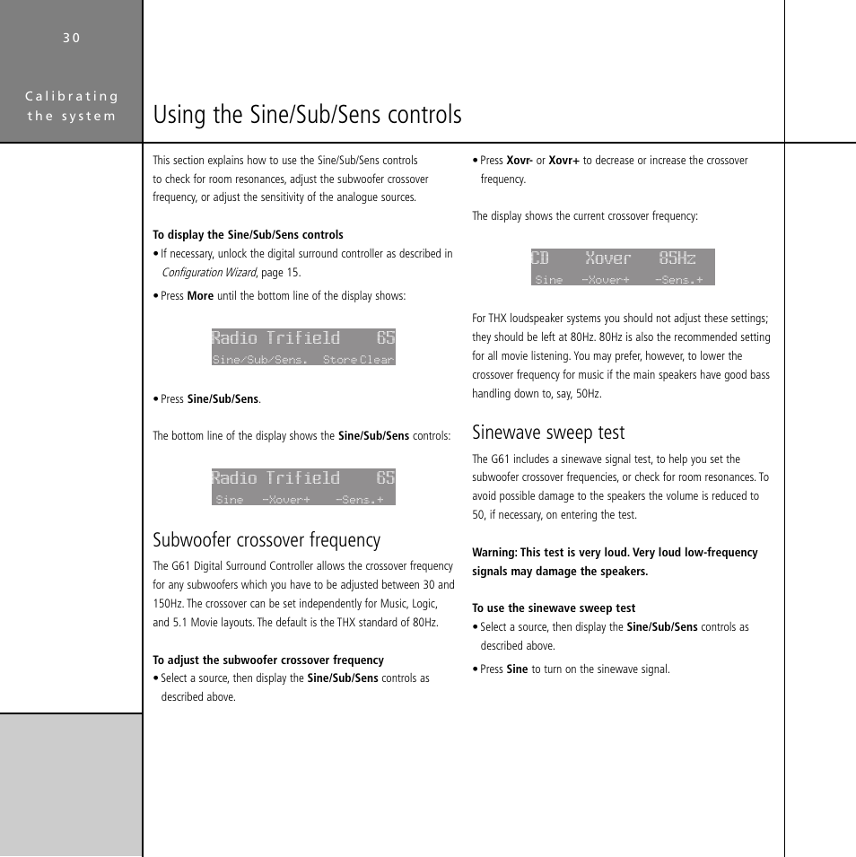 Using the sine/sub/sens controls, Sine/sub/sens controls, Sinewave sweep test | Crossover frequency, Subwoofer crossover frequency, Radio trifield 65 | Meridian Audio Digital Surround Controller G61 User Manual | Page 35 / 59