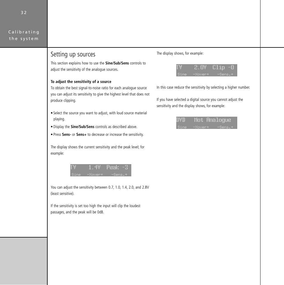 Sine/sub/sens menu, sources, Sensitivity, Setting up | Setting up sources, Tv 1.4v peak -3, Tv 2.0v clip -0, Dvd not analogue | Meridian Audio Digital Surround Controller G61 User Manual | Page 37 / 59