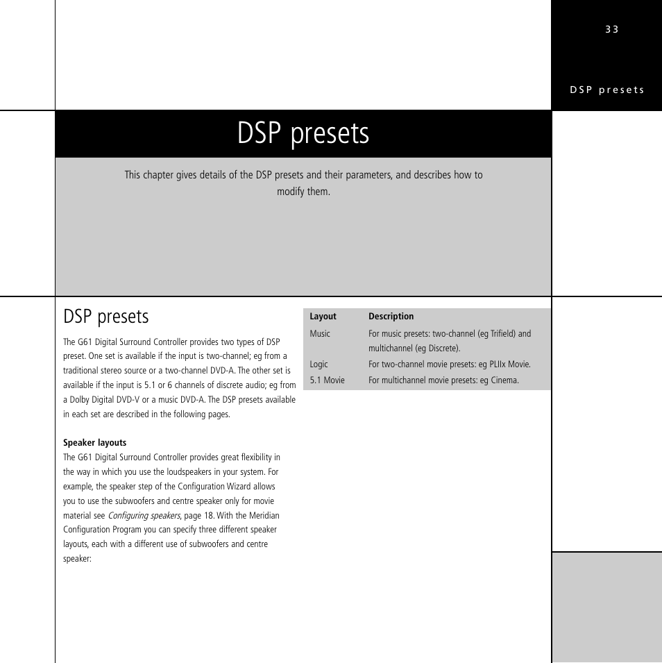 Dsp presets, 1 movie, Speaker layouts | Meridian Audio Digital Surround Controller G61 User Manual | Page 38 / 59