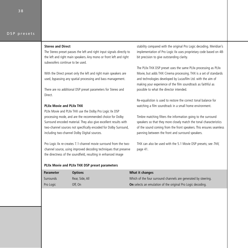 Direct (dsp preset), Pro logic, Direct | Pliix movie, Pliix thx, Stereo, Pliix (dsp preset), Pliix movie (dsp preset), Pliix thx (dsp preset), Pro logic (dsp parameter) | Meridian Audio Digital Surround Controller G61 User Manual | Page 43 / 59