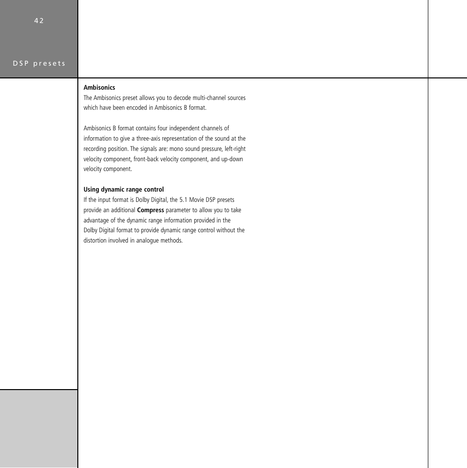 Compression, Compress (dsp parameter), Compress | Dynamic range control | Meridian Audio Digital Surround Controller G61 User Manual | Page 47 / 59