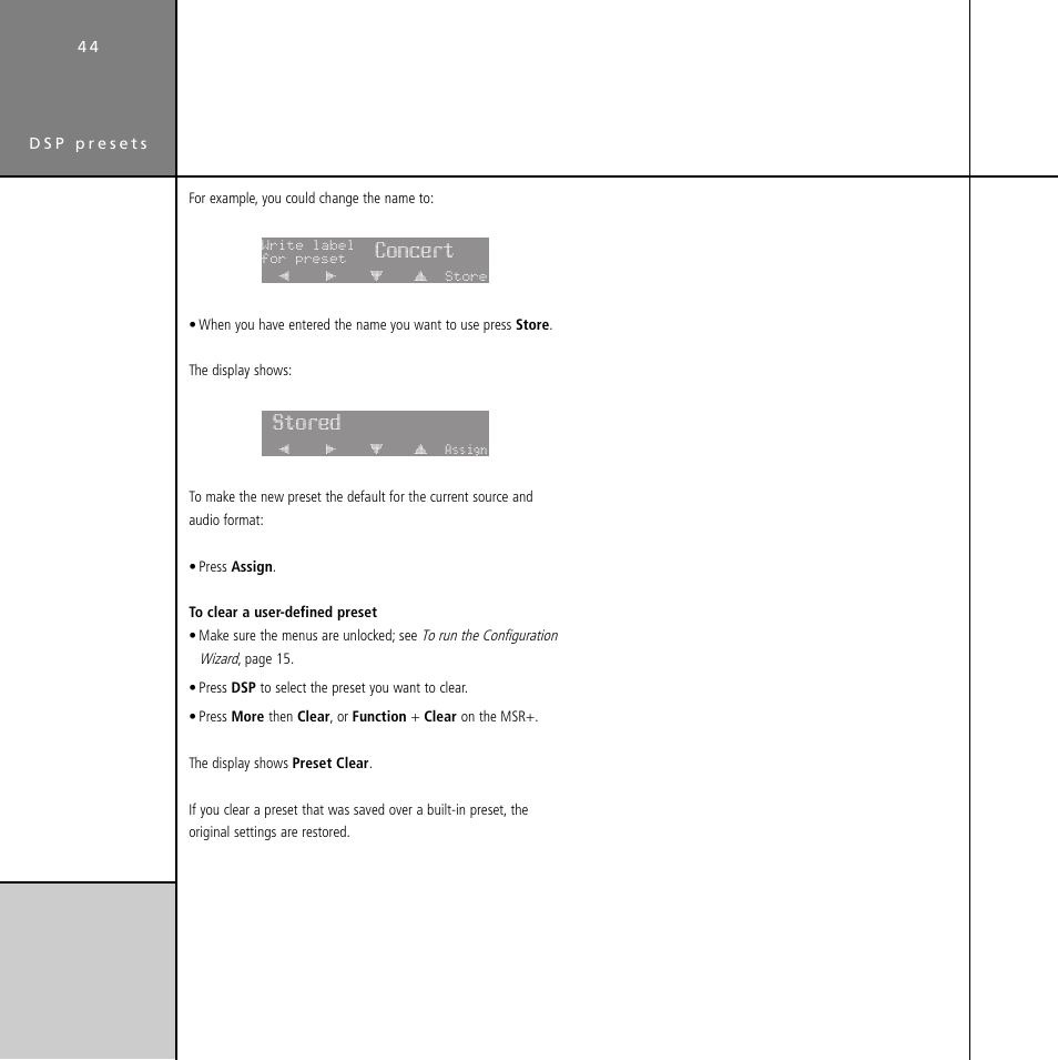 Clearing, Concert, Stored | Meridian Audio Digital Surround Controller G61 User Manual | Page 49 / 59