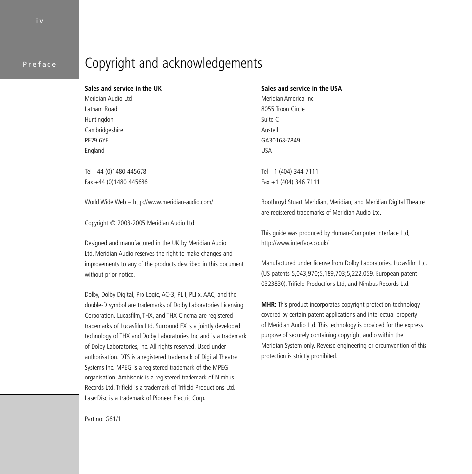 Copyright and acknowledgements | Meridian Audio Digital Surround Controller G61 User Manual | Page 5 / 59